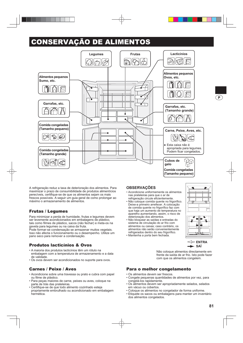 Conservação de alimentos, Frutas / legumes, Produtos lacticínios & ovos | Carnes / peixe / aves, Para o melhor congelamento | Sharp SJ-FS820VSL User Manual | Page 81 / 308