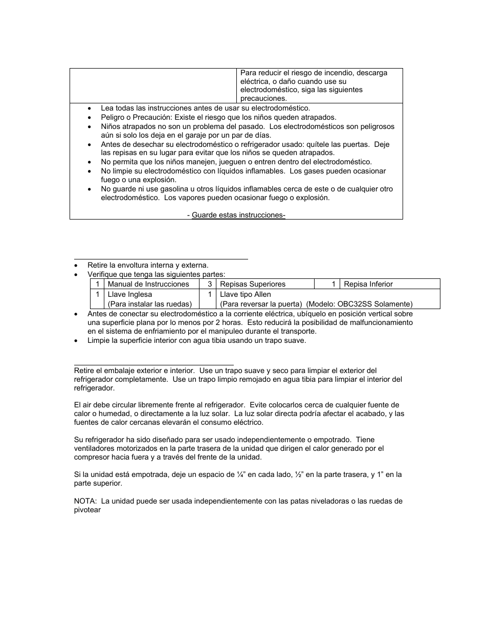 Instrucciones en español, Instrucciones para la instalación | Avanti OBC33SSD User Manual | Page 18 / 29