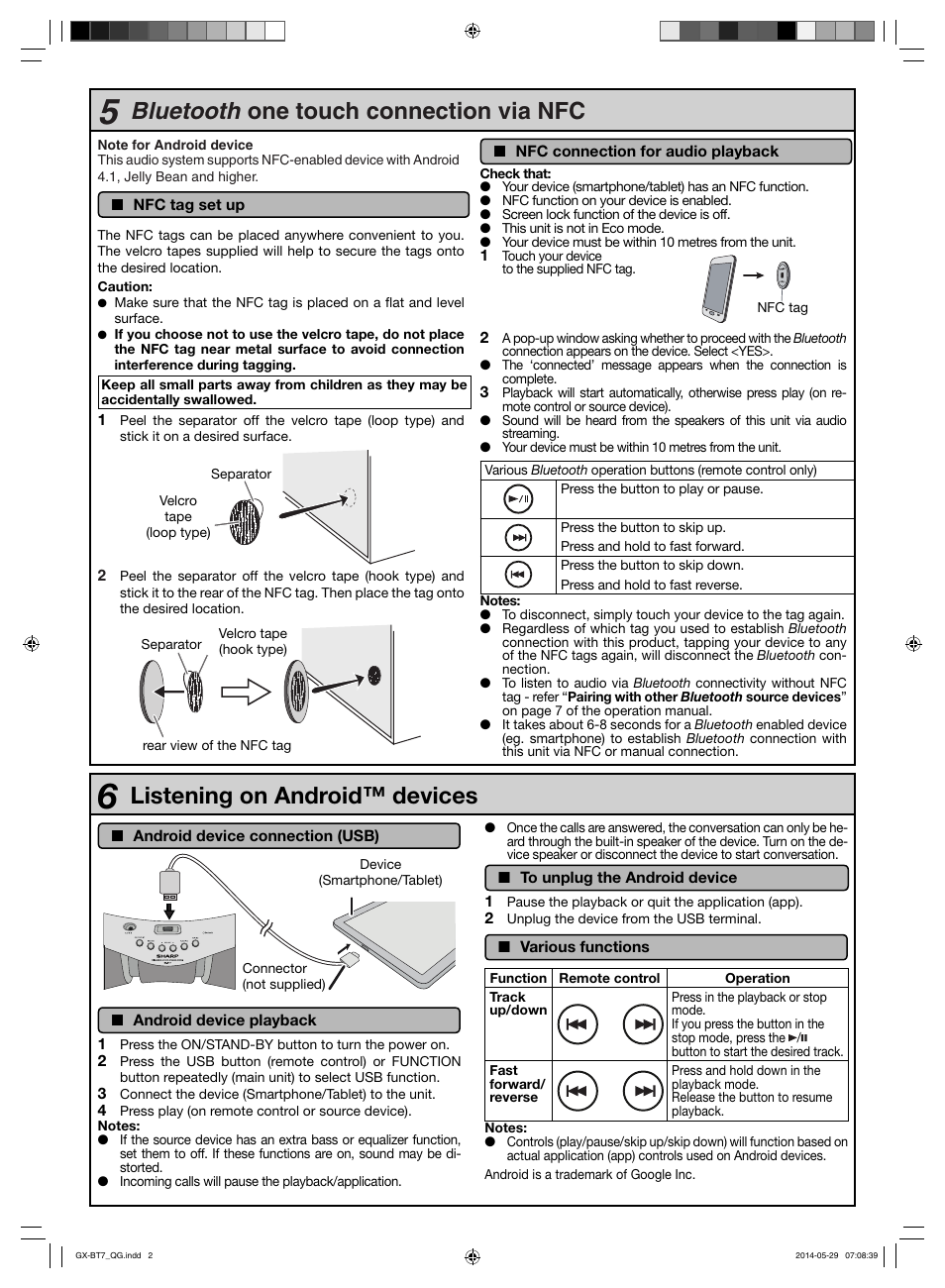 Bluetooth one touch connection via nfc, Listening on android™ devices | Sharp GX-BT7GM User Manual | Page 2 / 2