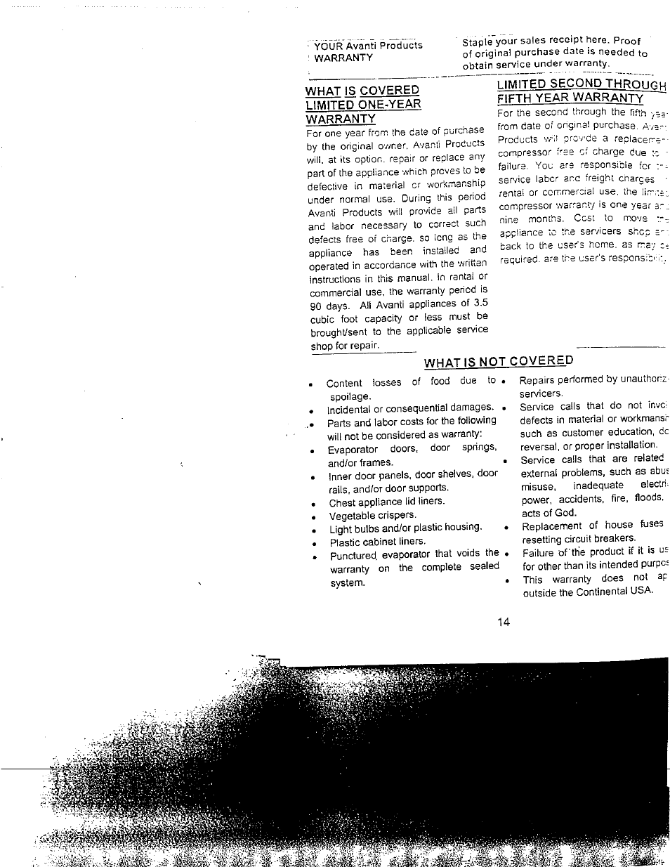 What is covered limited one-year warranty, What is not covered | Avanti WC412D User Manual | Page 15 / 19