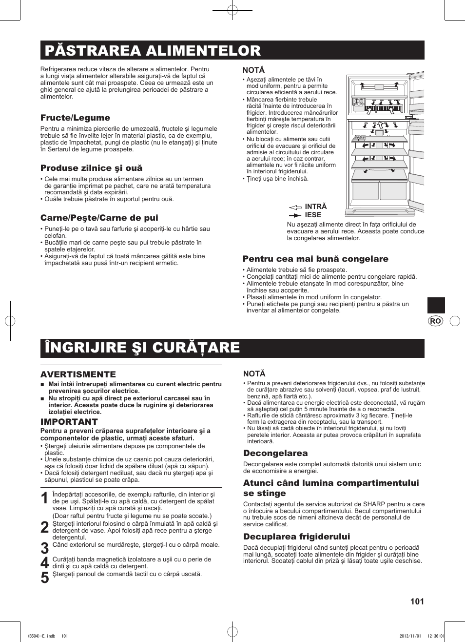 Îngrijire şi curăţare, Păstrarea alimentelor | Sharp SJ-GC680VSL User Manual | Page 101 / 184