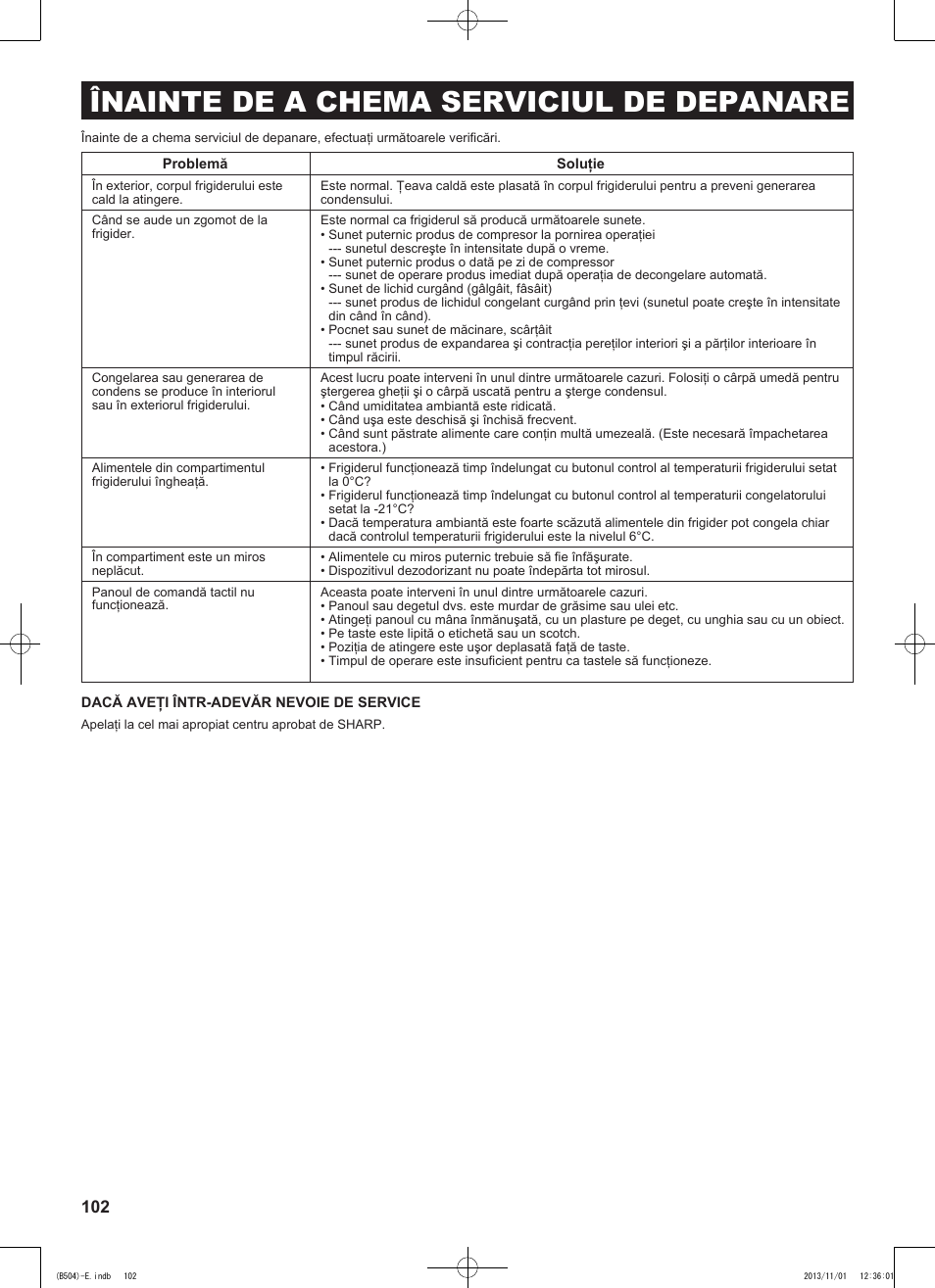 Înainte de a chema serviciul de depanare | Sharp SJ-GC680VSL User Manual | Page 102 / 184