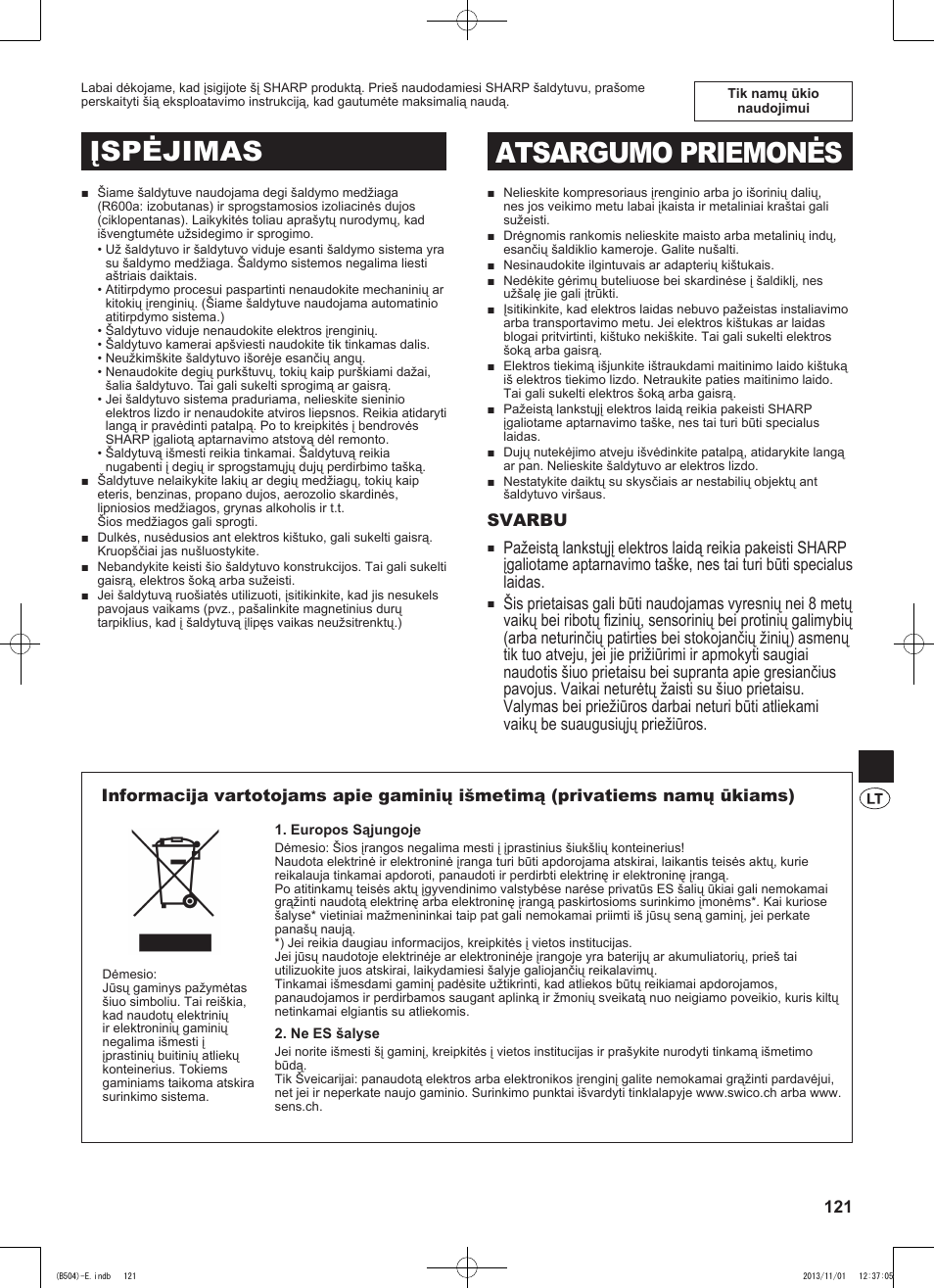 Atsargumo priemonės, Įspėjimas, Svarbu | Sharp SJ-GC680VSL User Manual | Page 121 / 184