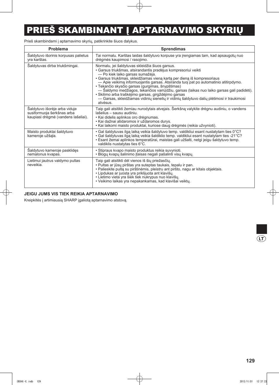 Prieš skambinant į aptarnavimo skyrių | Sharp SJ-GC680VSL User Manual | Page 129 / 184