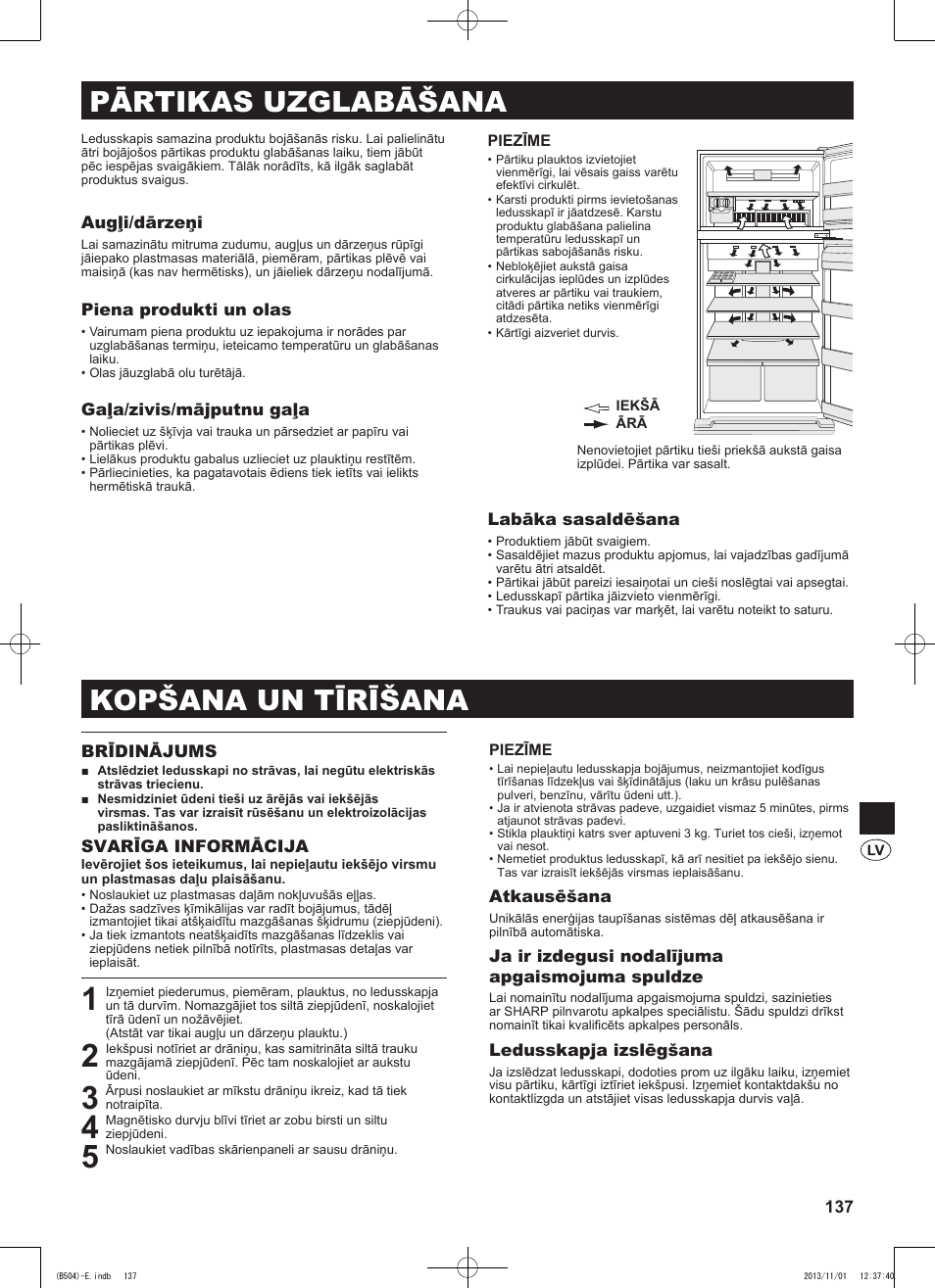 Kopšana un tīrīšana, Pārtikas uzglabāšana | Sharp SJ-GC680VSL User Manual | Page 137 / 184