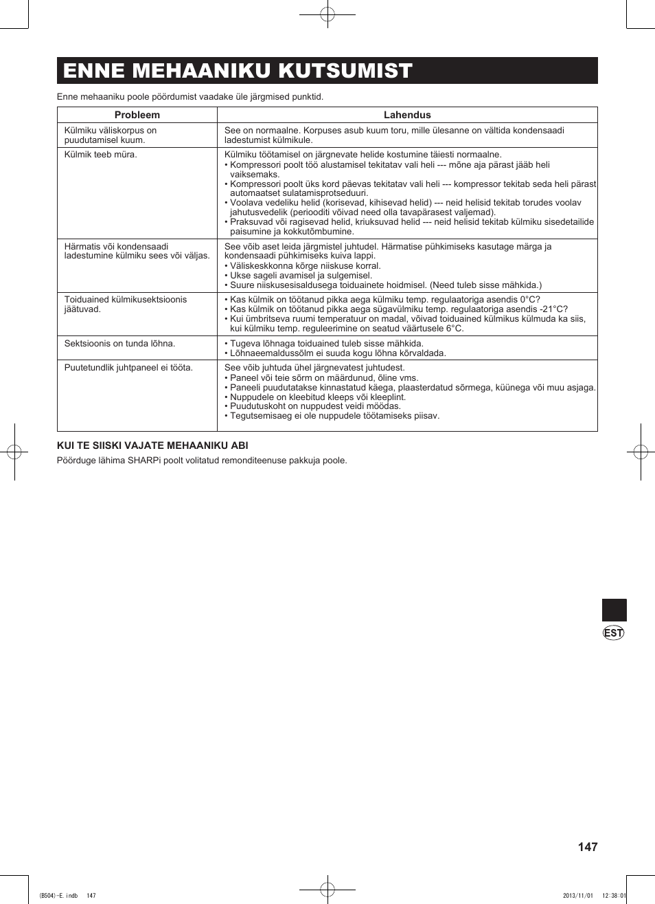 Enne mehaaniku kutsumist | Sharp SJ-GC680VSL User Manual | Page 147 / 184