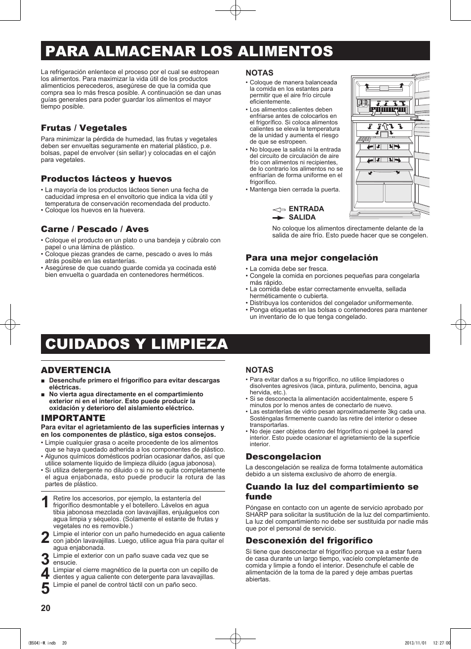 Cuidados y limpieza, Para almacenar los alimentos | Sharp SJ-GC680VSL User Manual | Page 20 / 184