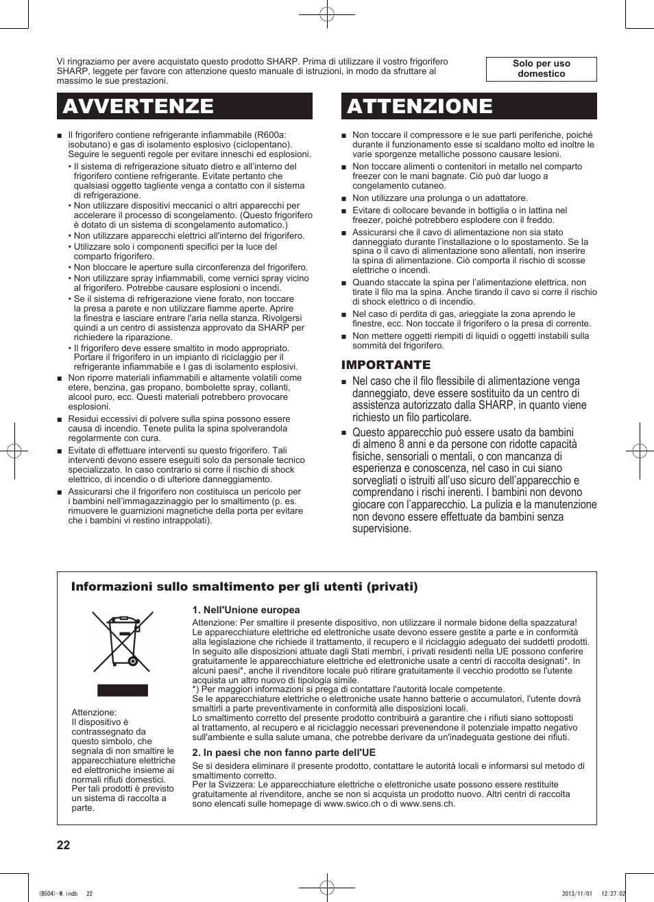 Avvertenze attenzione | Sharp SJ-GC680VSL User Manual | Page 22 / 184