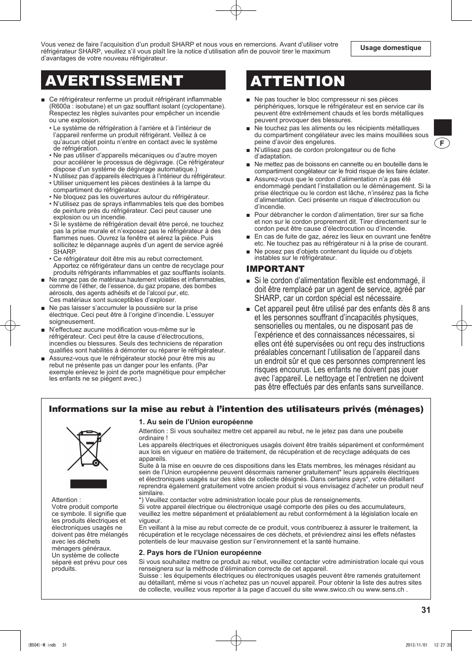 Avertissement attention | Sharp SJ-GC680VSL User Manual | Page 31 / 184