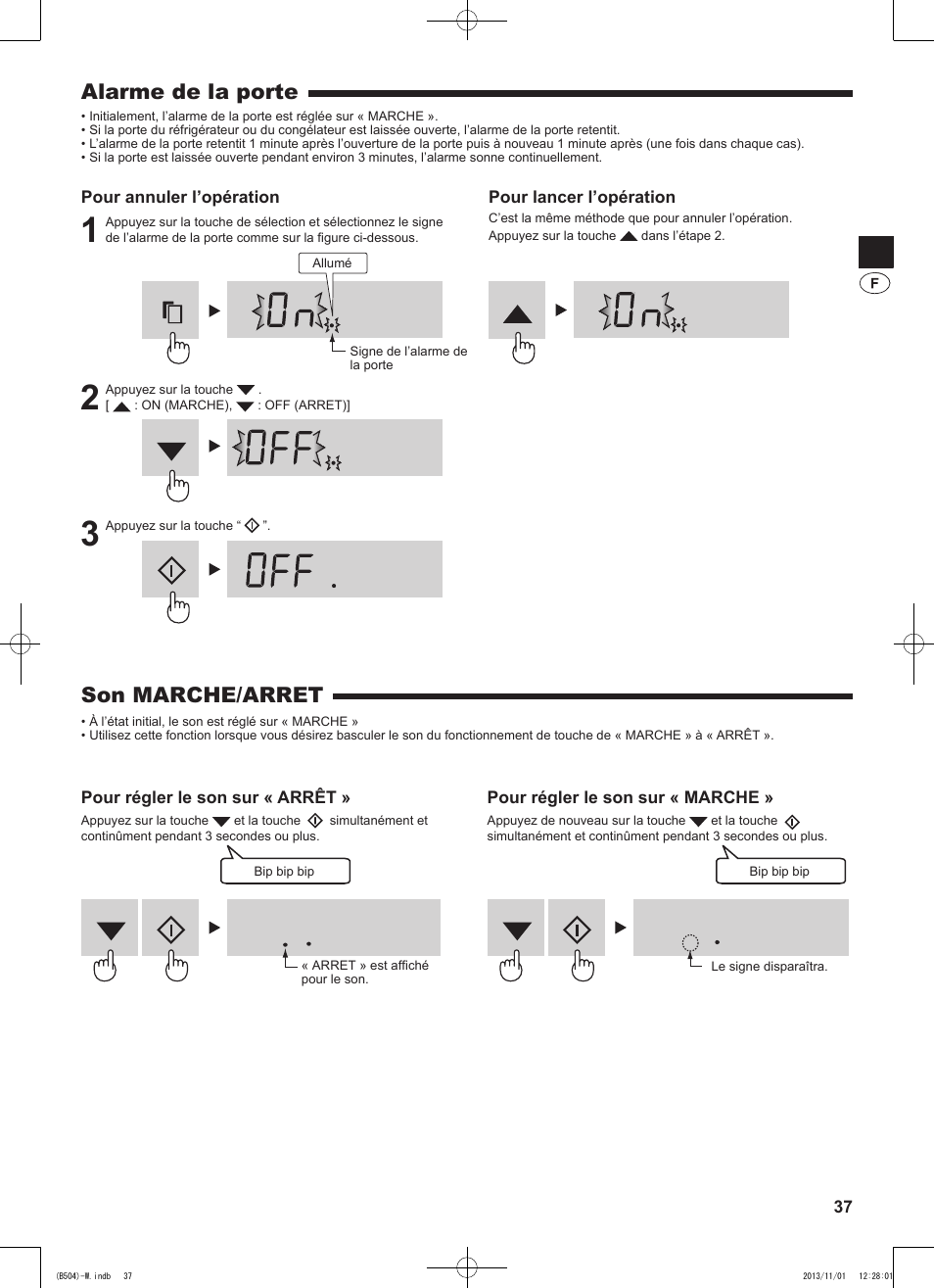 Son marche/arret, Alarme de la porte | Sharp SJ-GC680VSL User Manual | Page 37 / 184