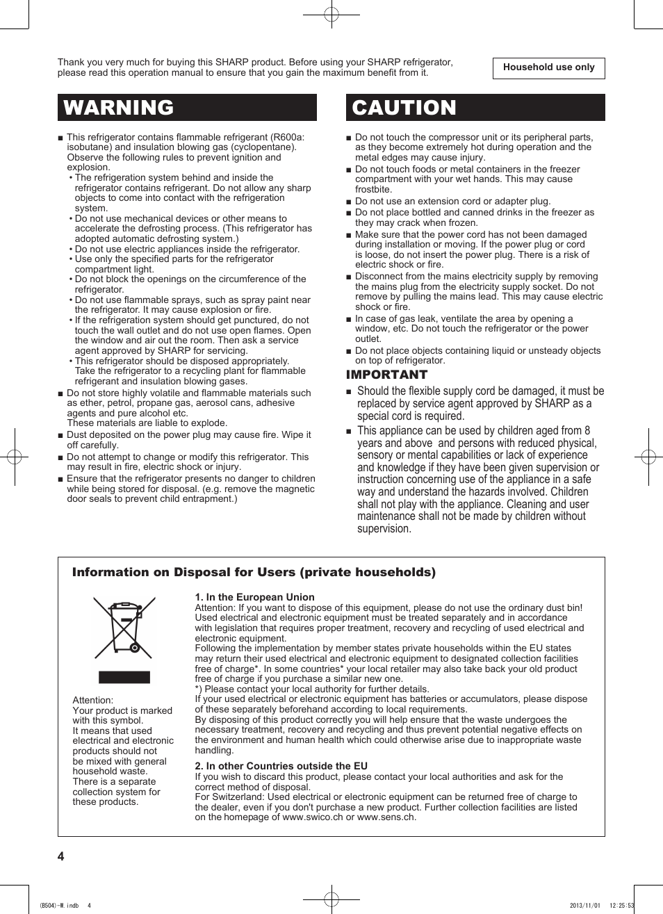 Warning caution | Sharp SJ-GC680VSL User Manual | Page 4 / 184