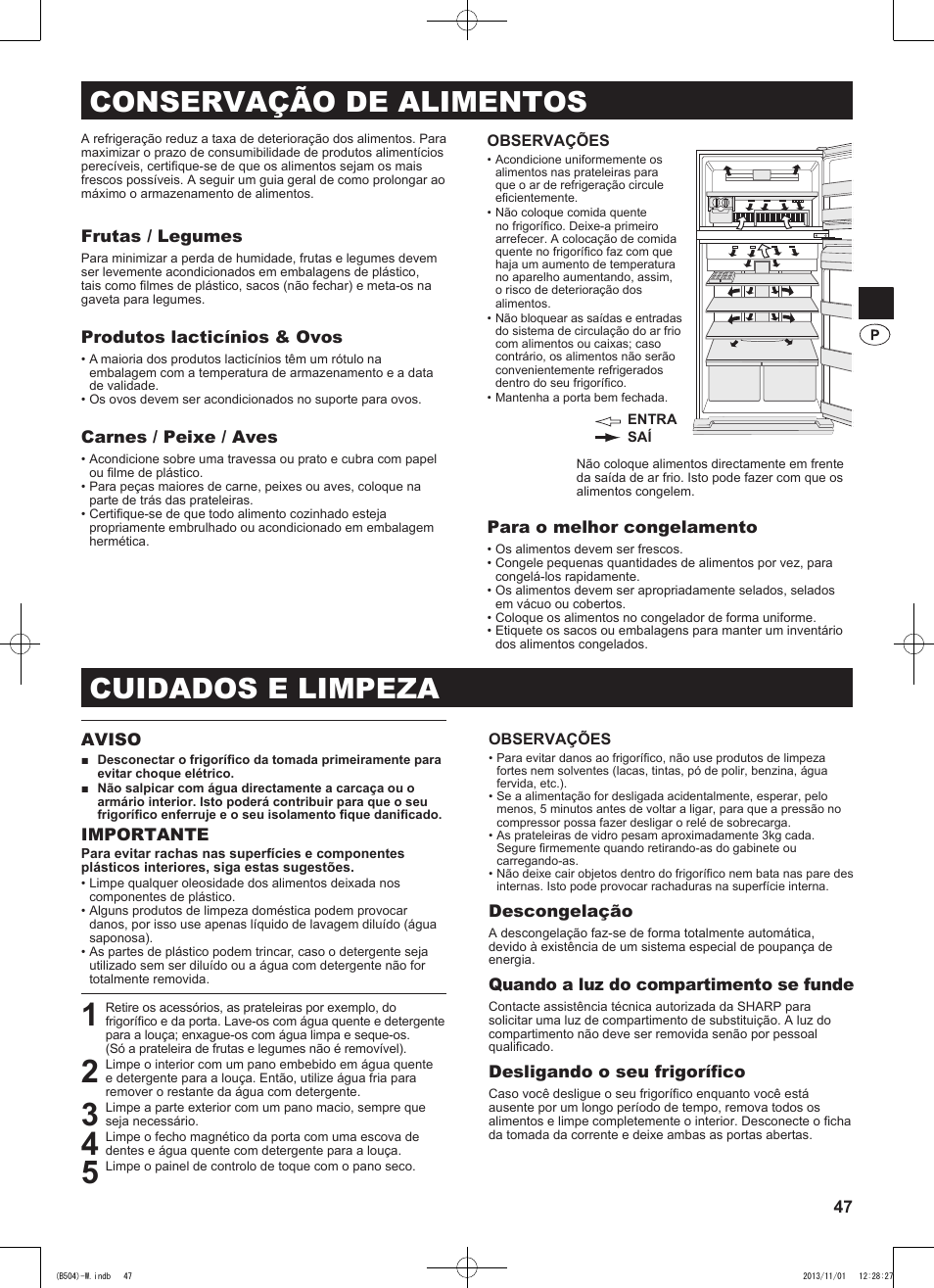 Cuidados e limpeza, Conservação de alimentos | Sharp SJ-GC680VSL User Manual | Page 47 / 184