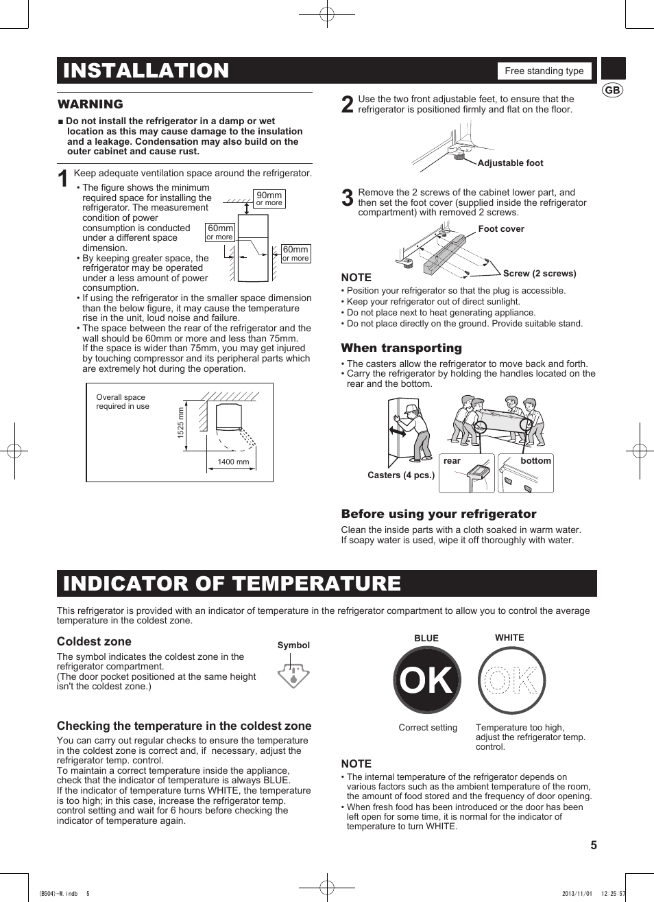 Installation, Indicator of temperature | Sharp SJ-GC680VSL User Manual | Page 5 / 184
