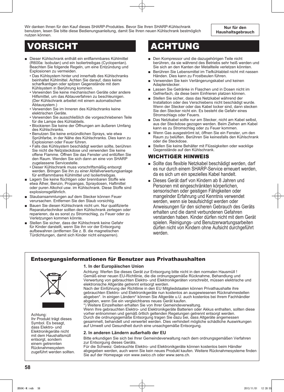 Vorsicht achtung | Sharp SJ-GC680VSL User Manual | Page 58 / 184