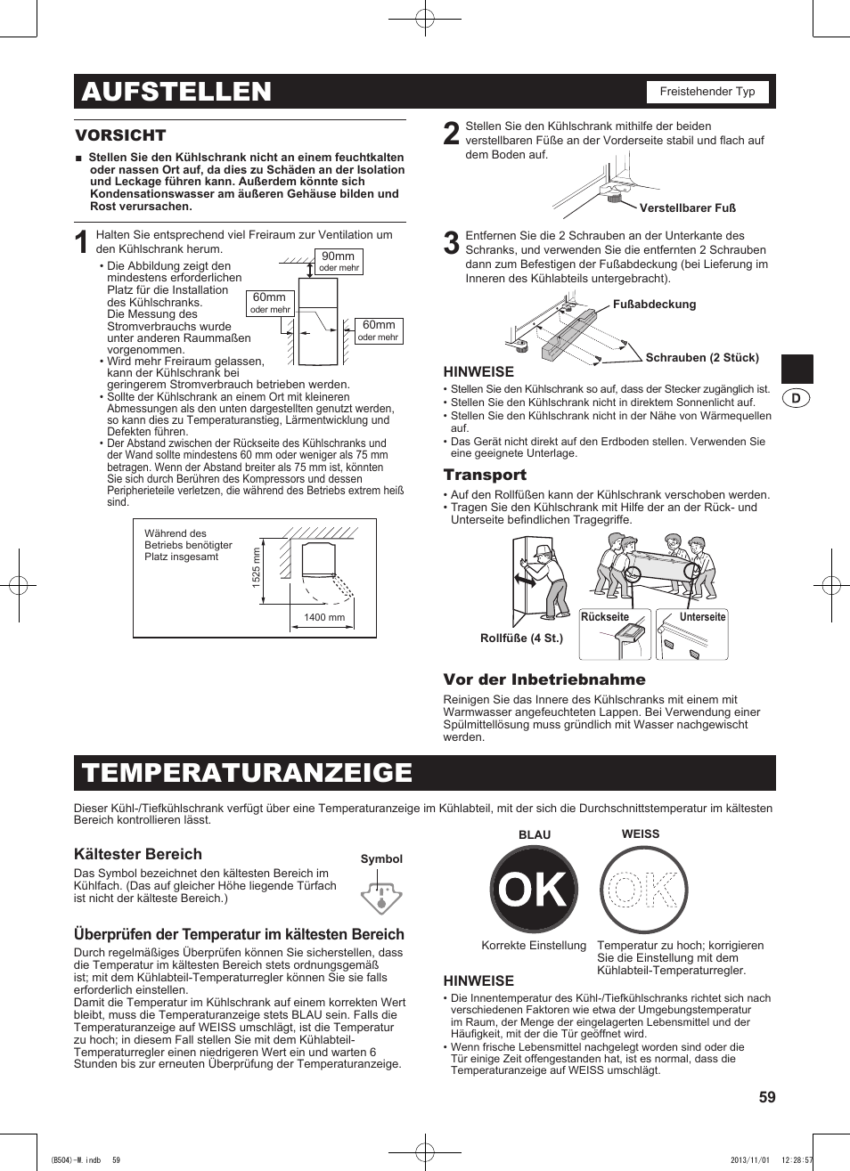 Aufstellen, Temperaturanzeige | Sharp SJ-GC680VSL User Manual | Page 59 / 184