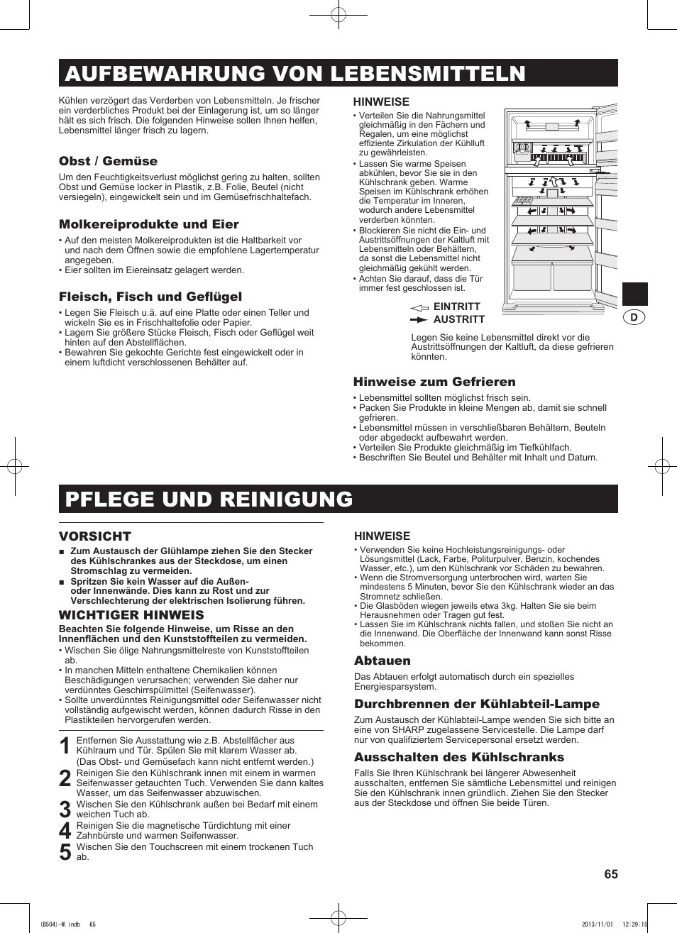 Pflege und reinigung, Aufbewahrung von lebensmitteln | Sharp SJ-GC680VSL User Manual | Page 65 / 184