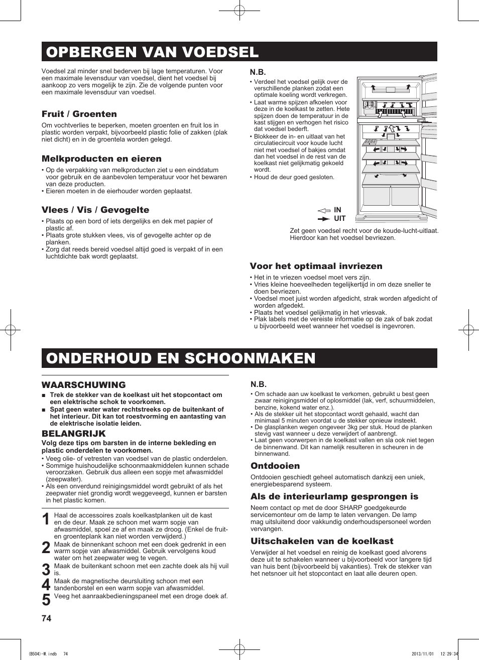 Onderhoud en schoonmaken, Opbergen van voedsel | Sharp SJ-GC680VSL User Manual | Page 74 / 184