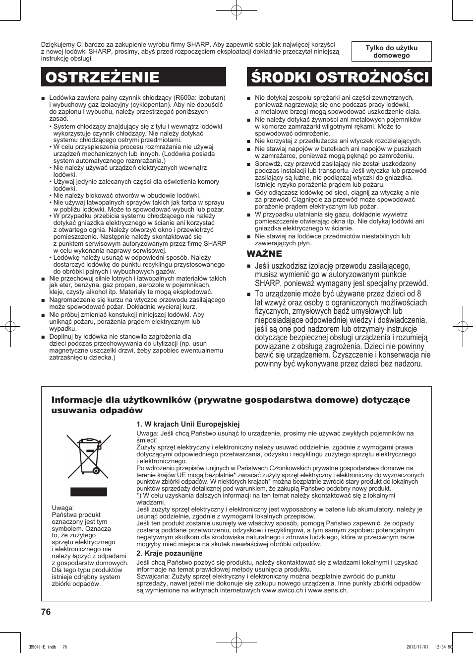 Ostrzeżenie środki ostrożności | Sharp SJ-GC680VSL User Manual | Page 76 / 184