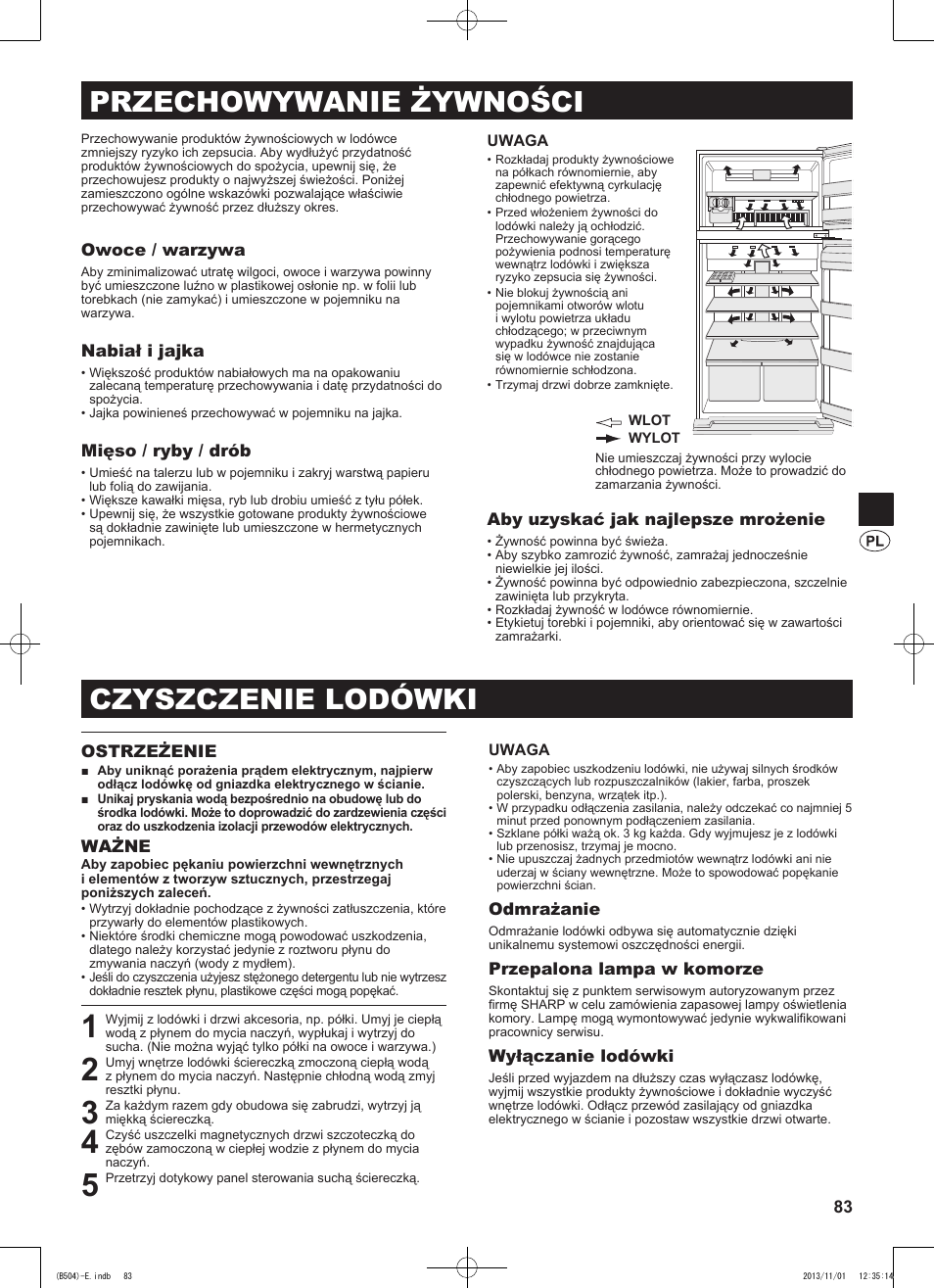 Czyszczenie lodówki, Przechowywanie żywności | Sharp SJ-GC680VSL User Manual | Page 83 / 184