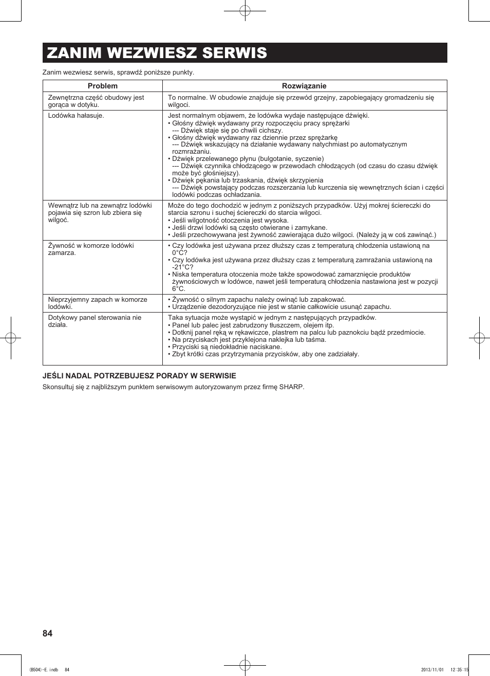 Zanim wezwiesz serwis | Sharp SJ-GC680VSL User Manual | Page 84 / 184