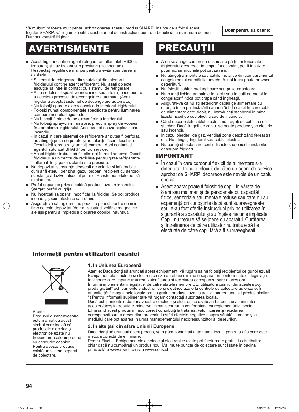 Avertismente precauţii | Sharp SJ-GC680VSL User Manual | Page 94 / 184
