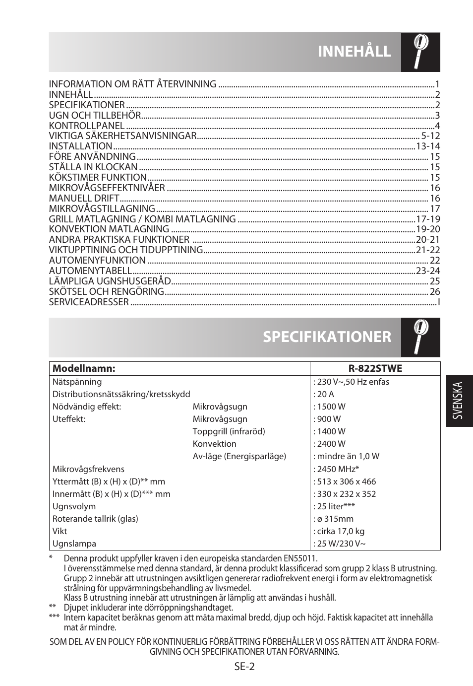 Specifikationer innehåll, Svensk a, Se-2 | Sharp R-822STWE User Manual | Page 135 / 266