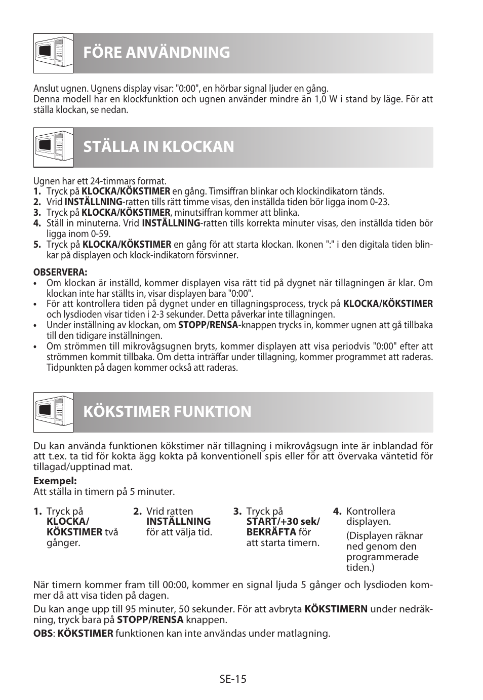 Före användning ställa in klockan, Kökstimer funktion | Sharp R-822STWE User Manual | Page 148 / 266