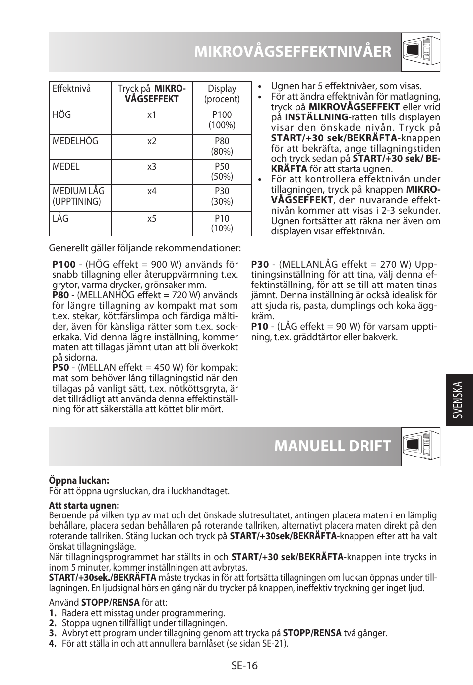 Mikrovågseffektnivåer, Manuell drift, Svensk a | Sharp R-822STWE User Manual | Page 149 / 266