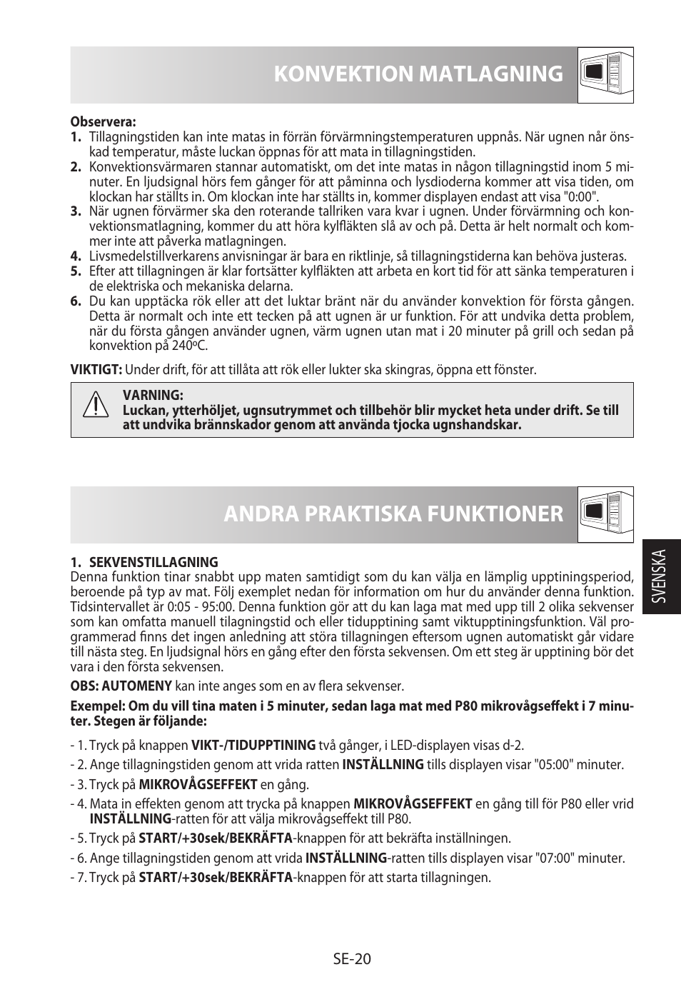 Konvektion matlagning, Andra praktiska funktioner, Svensk a | Sharp R-822STWE User Manual | Page 153 / 266