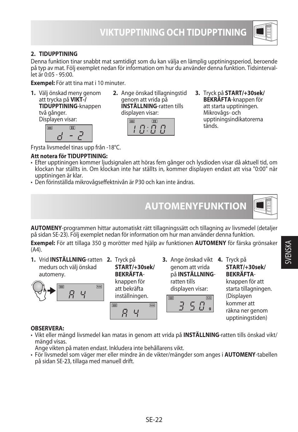 Viktupptining och tidupptining, Automenyfunktion, Svensk a | Sharp R-822STWE User Manual | Page 155 / 266