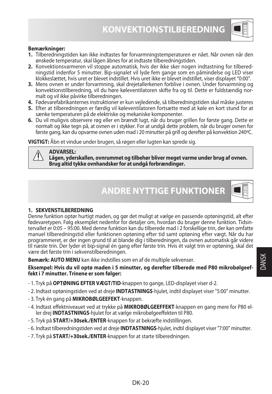 Konvektionstilberedning, Andre nyttige funktioner, Da ns k | Sharp R-822STWE User Manual | Page 179 / 266