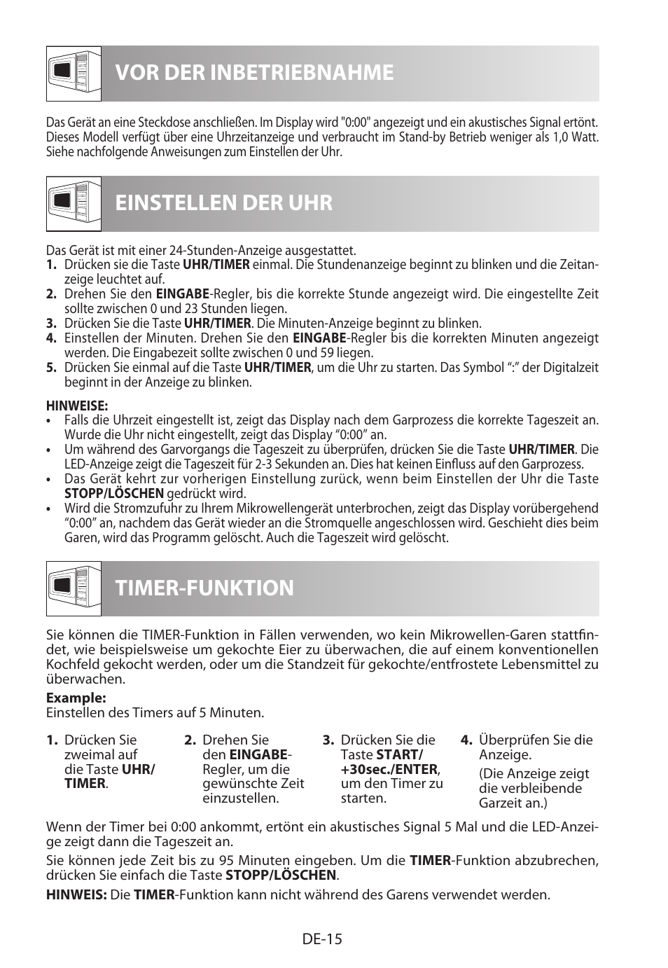 Vor der inbetriebnahme einstellen der uhr, Timer-funktion | Sharp R-822STWE User Manual | Page 18 / 266