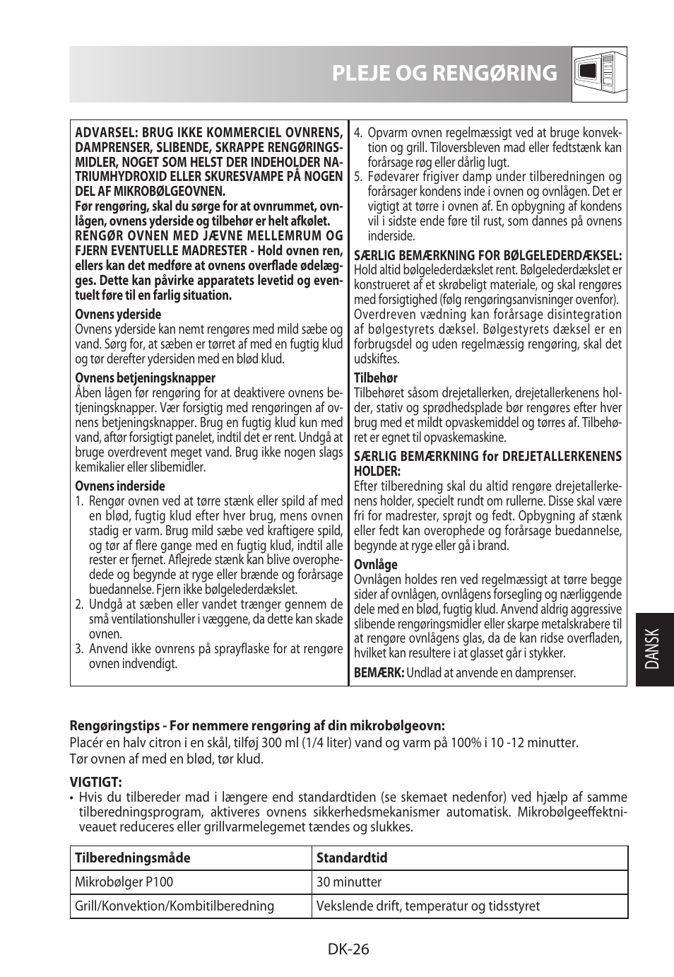Pleje og rengøring, Da ns k | Sharp R-822STWE User Manual | Page 185 / 266