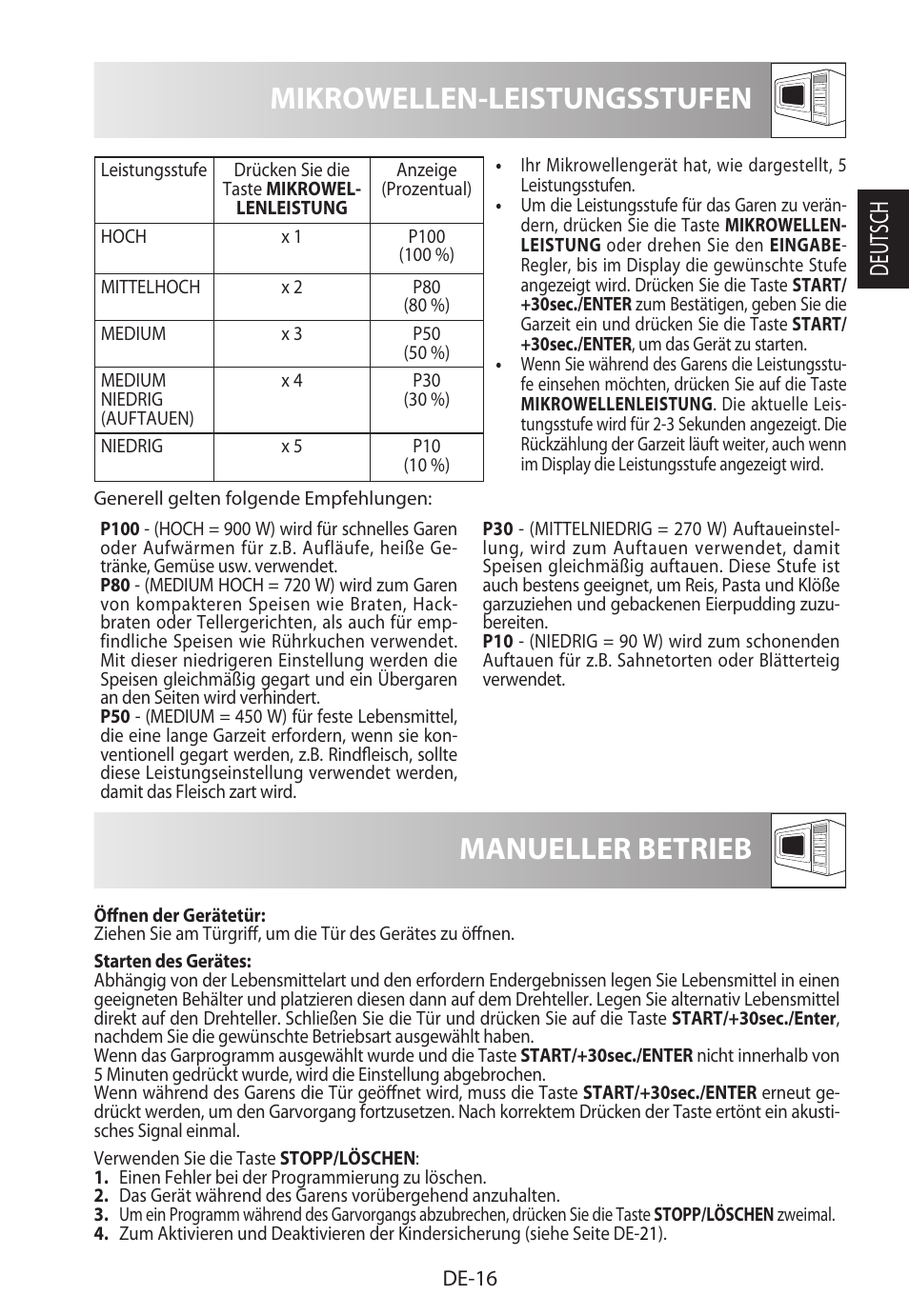 Mikrowellen-leistungsstufen, Manueller betrieb, Deutsch | Sharp R-822STWE User Manual | Page 19 / 266