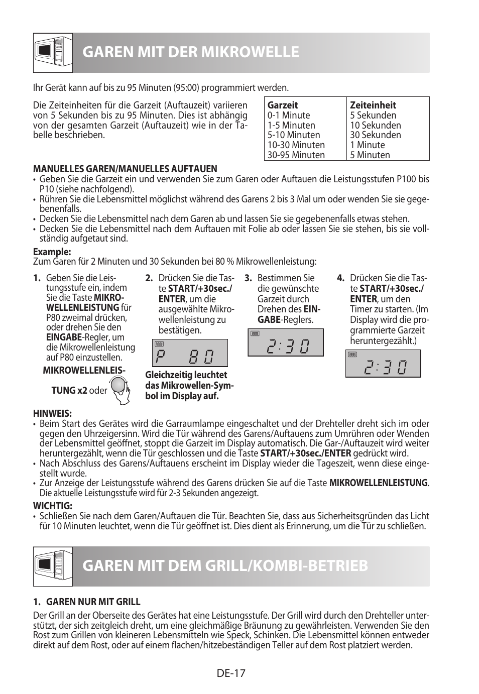 Garen mit der mikrowelle, Garen mit dem grill/kombi-betrieb | Sharp R-822STWE User Manual | Page 20 / 266