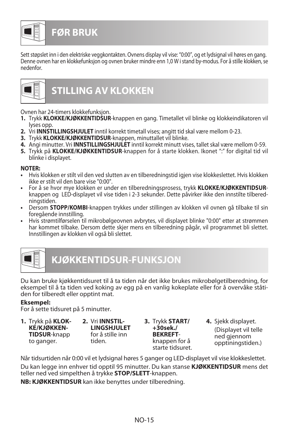 Før bruk stilling av klokken, Kjøkkentidsur-funksjon | Sharp R-822STWE User Manual | Page 200 / 266