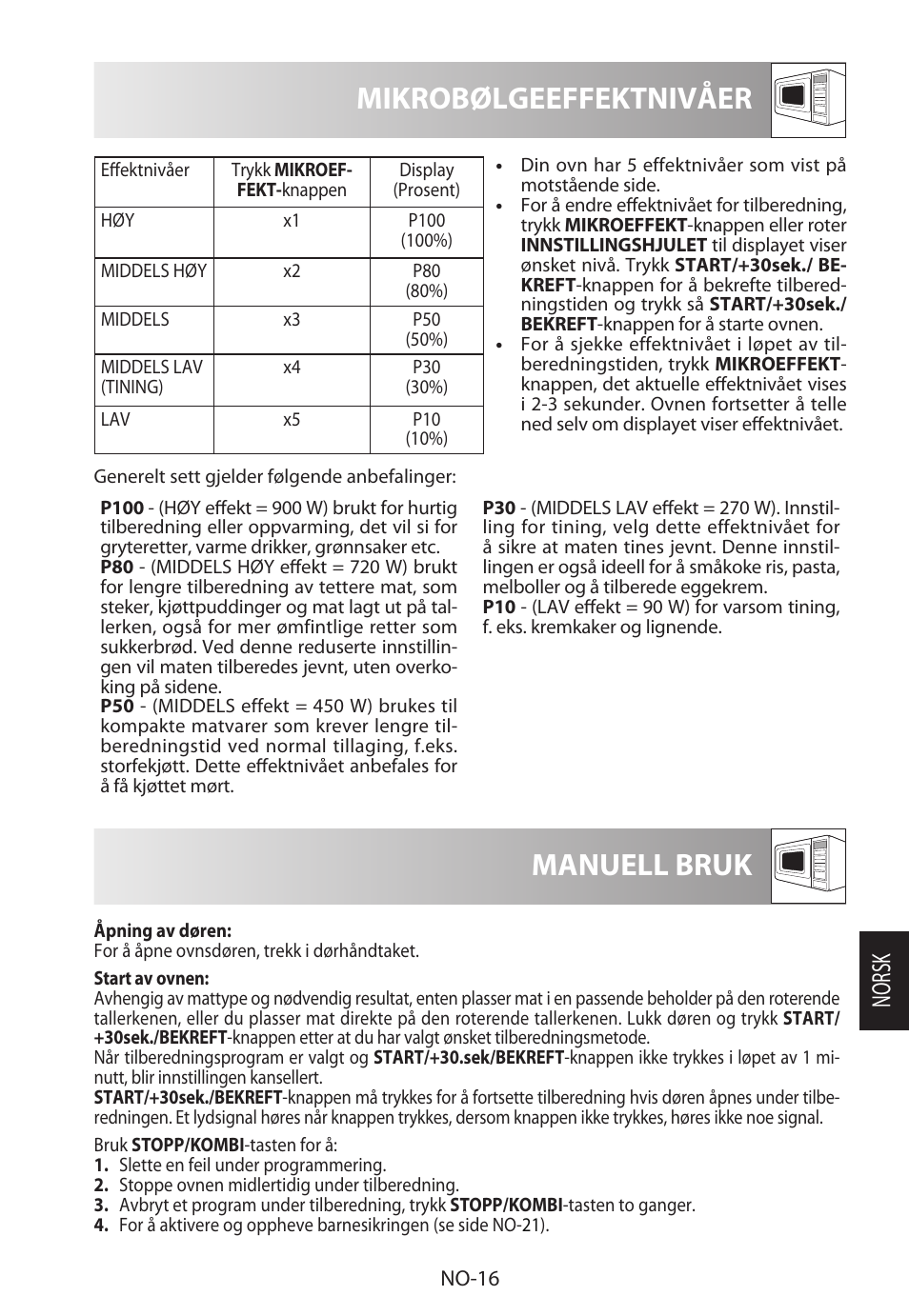 Mikrobølgeeffektnivåer, Manuell bruk, Norsk | Sharp R-822STWE User Manual | Page 201 / 266