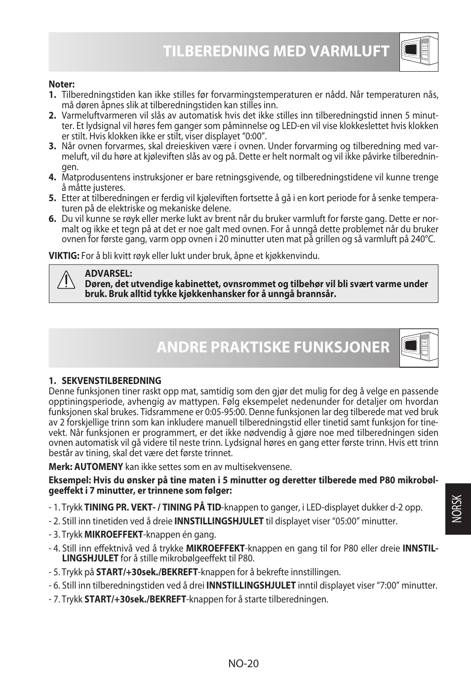 Tilberedning med varmluft, Andre praktiske funksjoner, Norsk | Sharp R-822STWE User Manual | Page 205 / 266