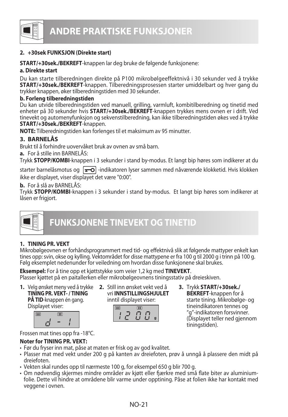 Andre praktiske funksjoner, Funksjonene tinevekt og tinetid | Sharp R-822STWE User Manual | Page 206 / 266