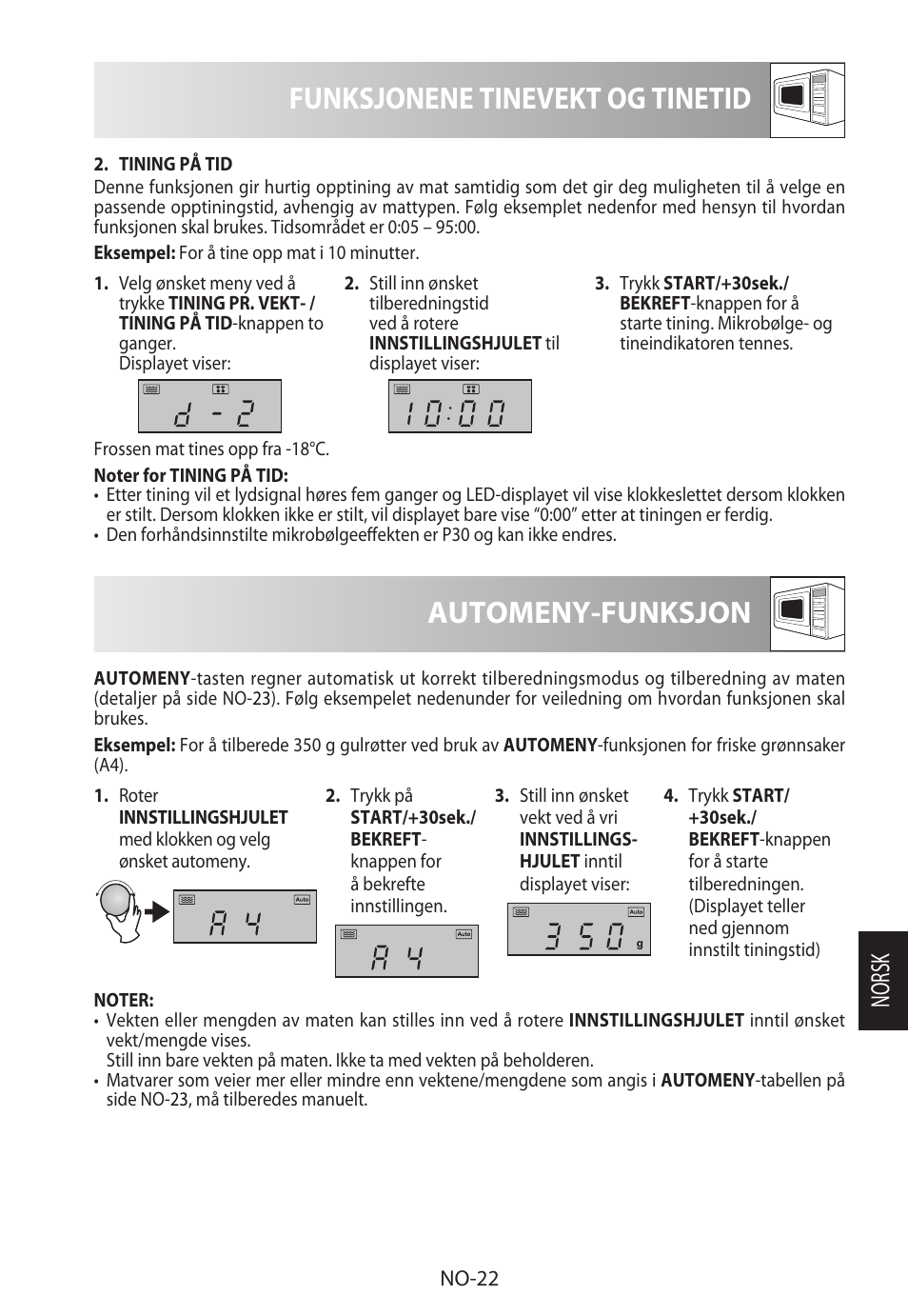 Funksjonene tinevekt og tinetid, Automeny-funksjon, Norsk | Sharp R-822STWE User Manual | Page 207 / 266