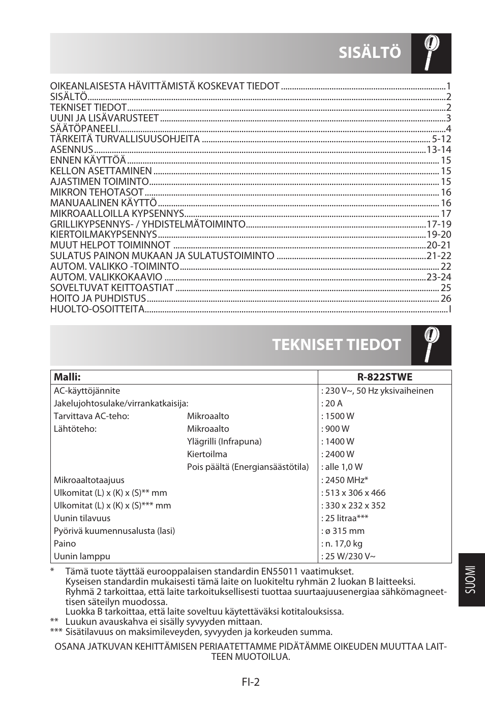 Tekniset tiedot sisältö, Suomi, Fi-2 | Sharp R-822STWE User Manual | Page 213 / 266