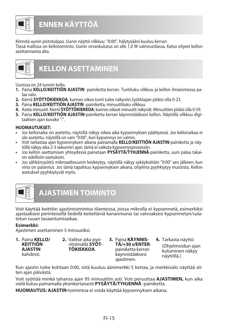 Ennen käyttöä kellon asettaminen, Ajastimen toiminto | Sharp R-822STWE User Manual | Page 226 / 266