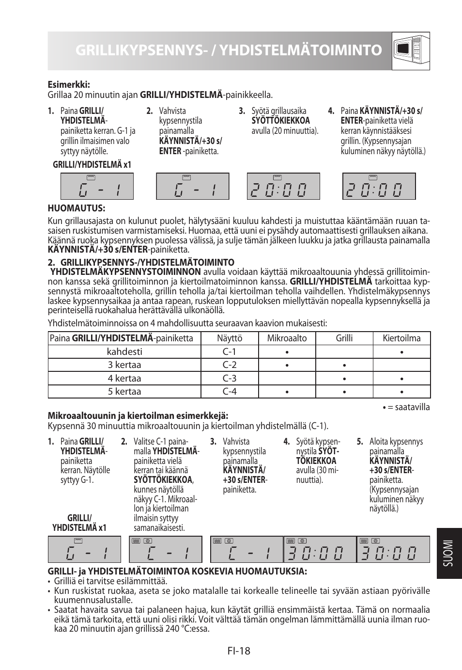 Grillikypsennys- / yhdistelmätoiminto, Suomi | Sharp R-822STWE User Manual | Page 229 / 266