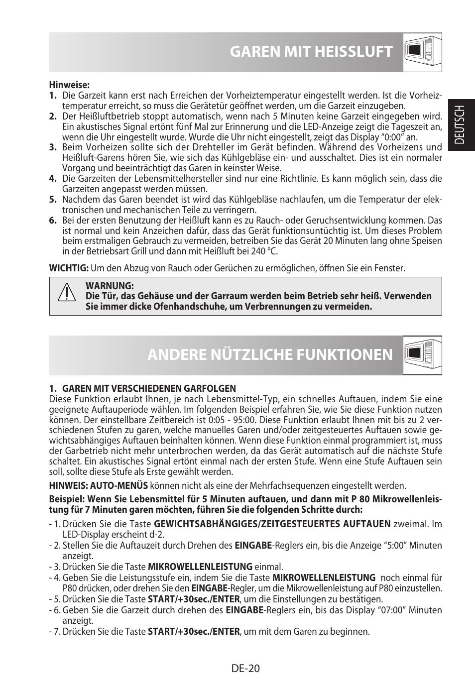 Garen mit heissluft, Andere nützliche funktionen, Deutsch | Sharp R-822STWE User Manual | Page 23 / 266