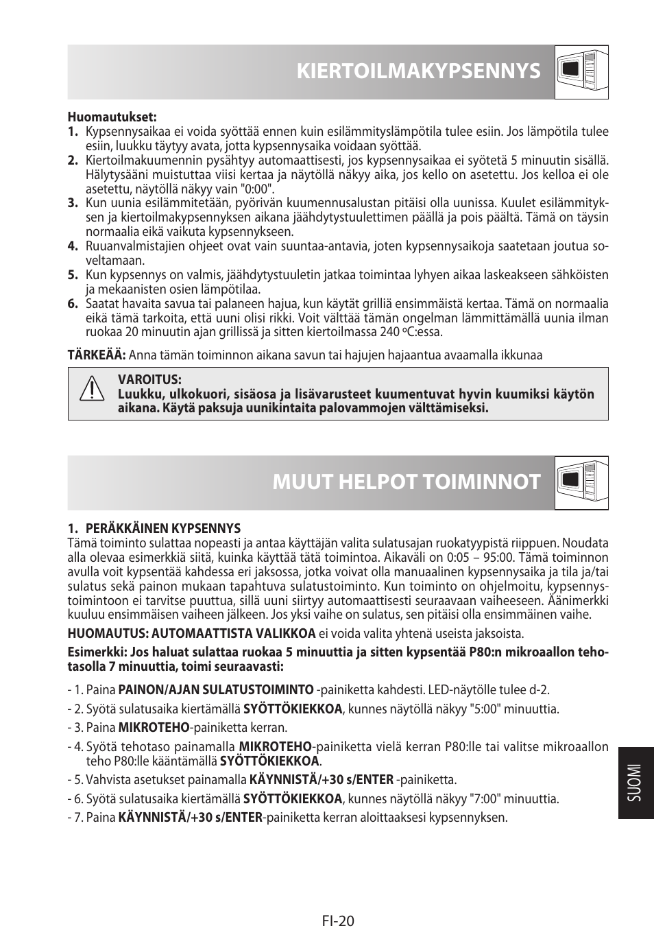 Kiertoilmakypsennys, Muut helpot toiminnot, Suomi | Sharp R-822STWE User Manual | Page 231 / 266