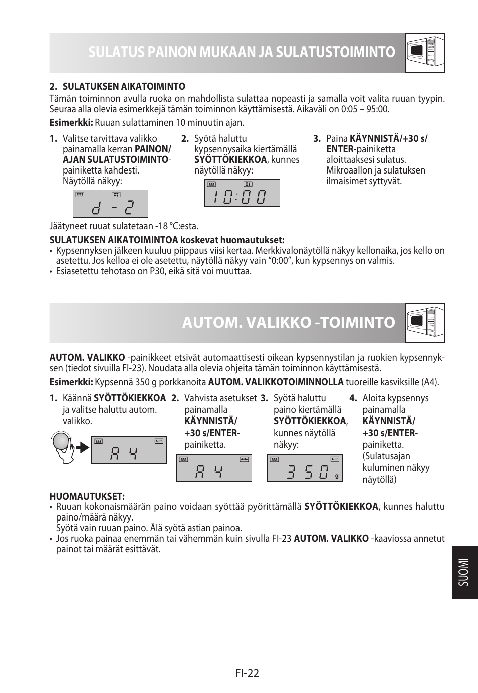 Sulatus painon mukaan ja sulatustoiminto, Autom. valikko -toiminto, Suomi | Sharp R-822STWE User Manual | Page 233 / 266