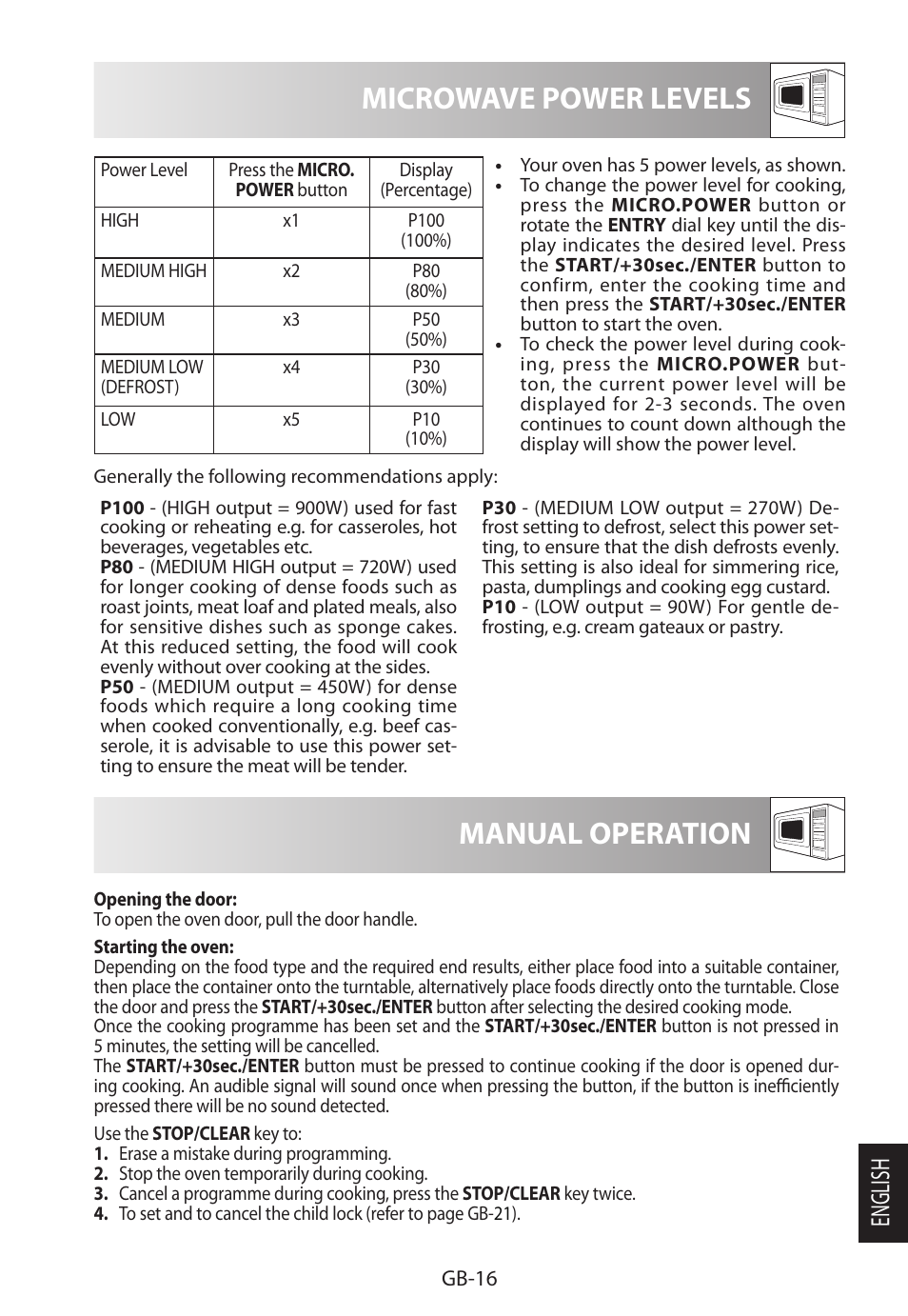 Microwave power levels, Manual operation, English | Sharp R-822STWE User Manual | Page 253 / 266