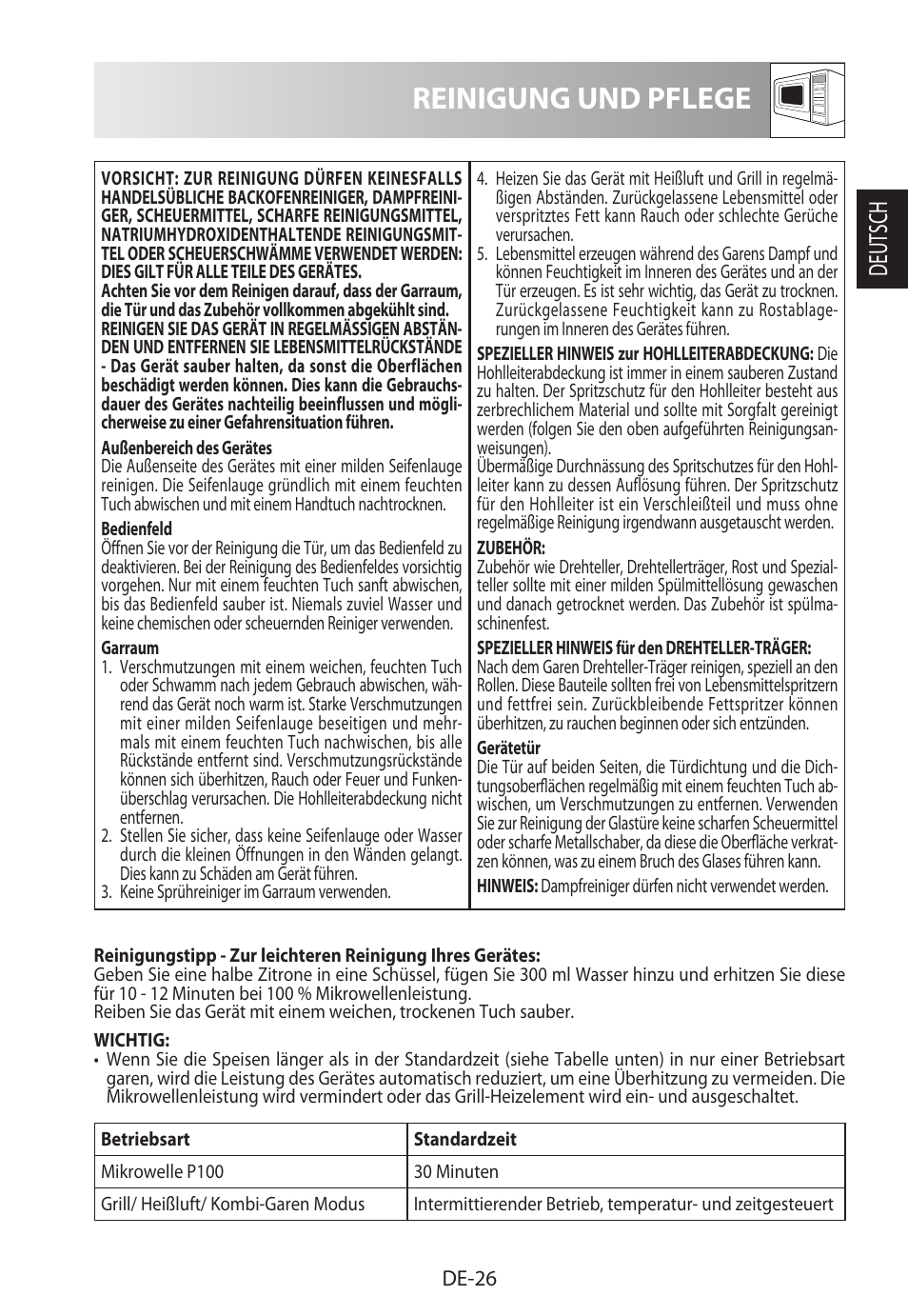 Reinigung und pflege, Deutsch | Sharp R-822STWE User Manual | Page 29 / 266