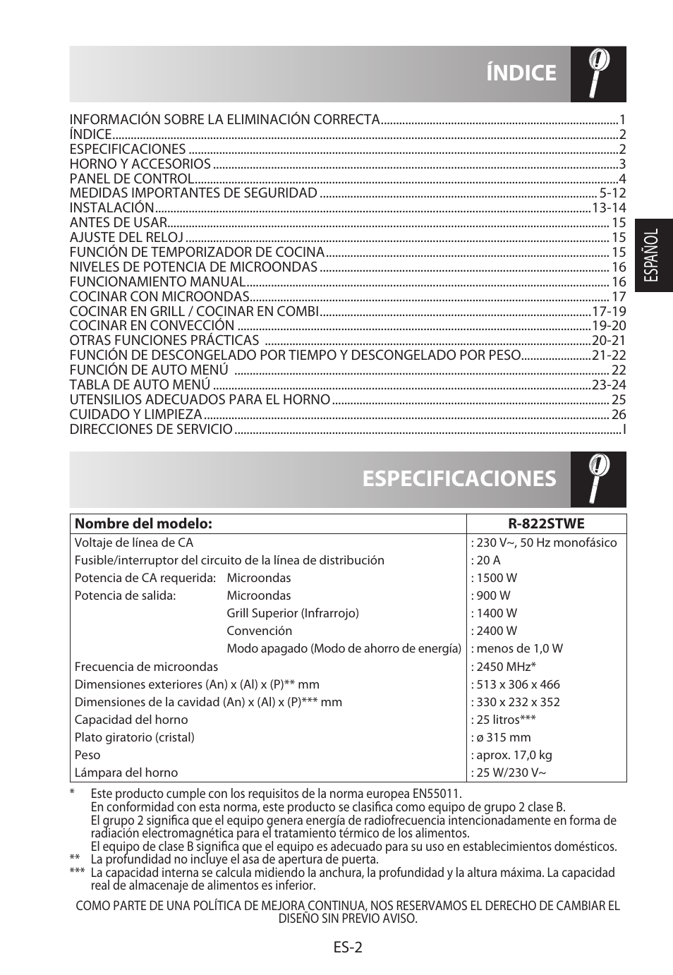 Especificaciones índice, Esp añol, Es-2 | Sharp R-822STWE User Manual | Page 31 / 266