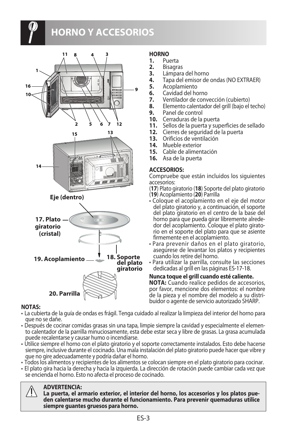 Horno y accesorios, Es-3 | Sharp R-822STWE User Manual | Page 32 / 266